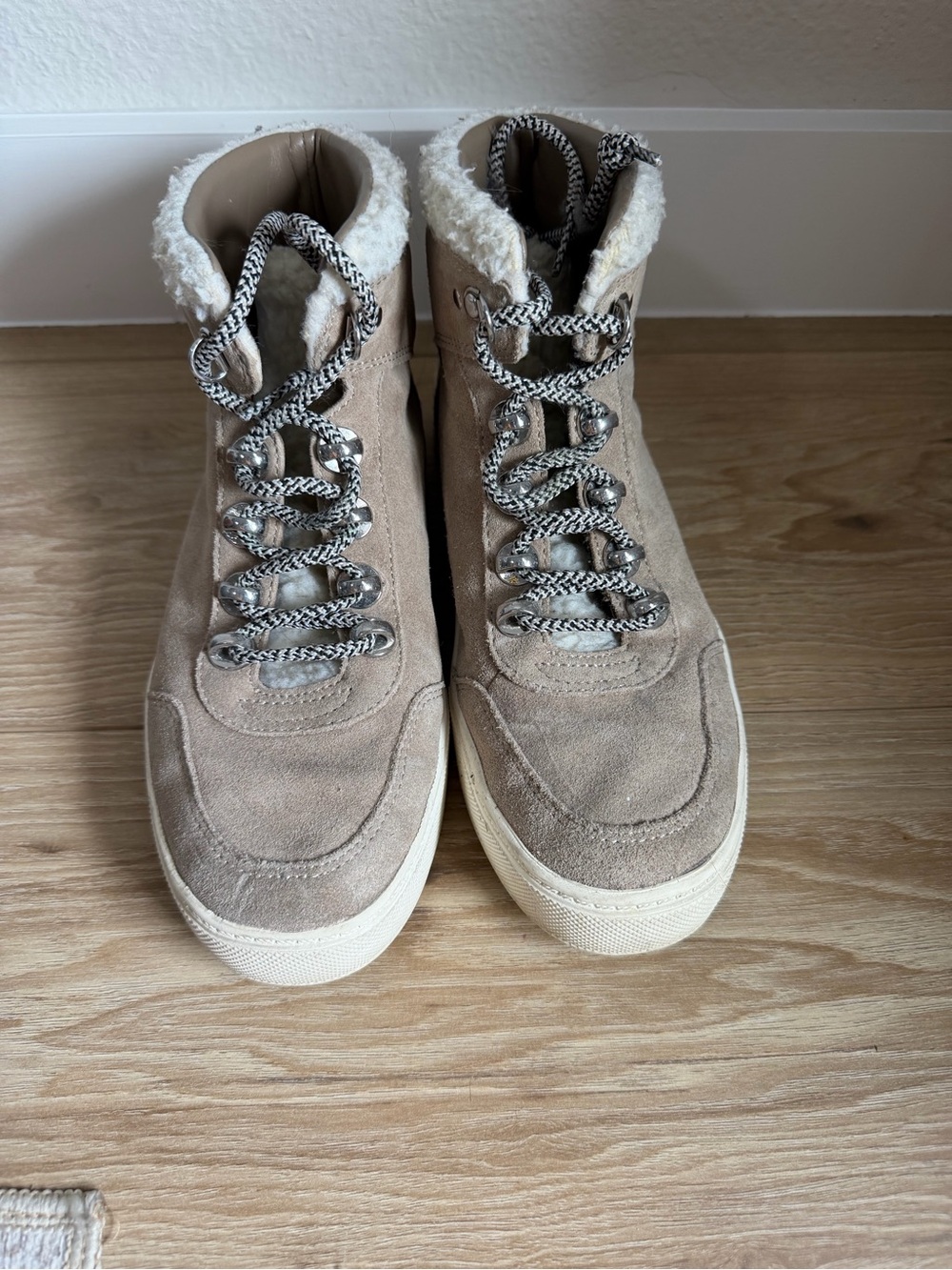 Marc Fisher Taupe Suede Shearling-Lined Lace-Up Booties
